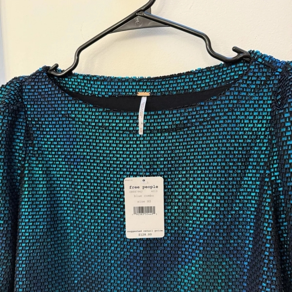 Free People Women's Turquoise and Black Shimmer Long Sleeve Mini Dress XS NWT - Picture 4 of 7